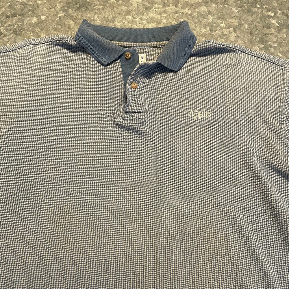Vintage Apple Embroidered Spellout Logo Polo Shirt XL Blue Houndstooth Plaid 90s